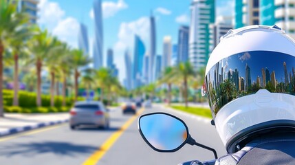 Fototapeta premium A motorbike helmet surrounded by urban cityscapes emphasizing the helmet's utility in urban commutes. Stock.