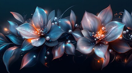 Elegant floral arrangement with iridescent flowers, against a dark background, in the style of vector art
