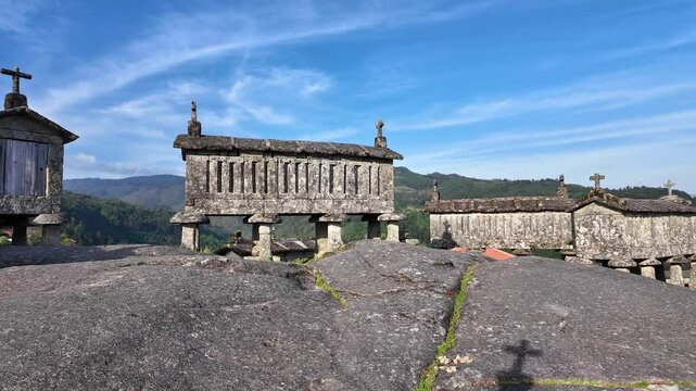 View of the communitarian granaries, called espigueiros, in the village of Soajo, Peneda-Geres National Park, Northern Portugal