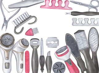 Set of pedicure tools. Watercolor illustration clipart isolated on white background.