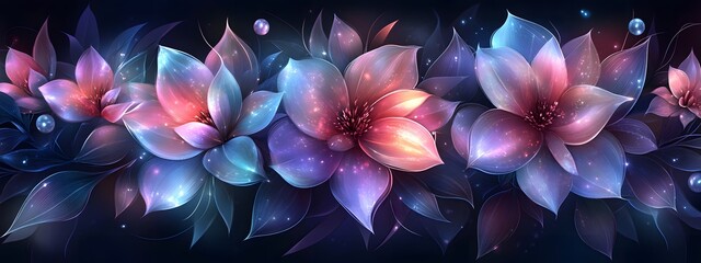 Elegant floral arrangement with iridescent flowers, against a dark background, in the style of vector art