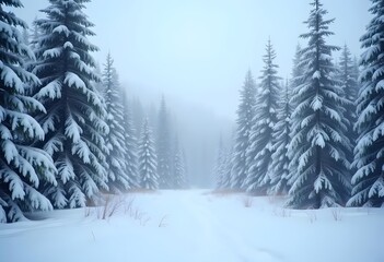 Fototapeta premium Beautiful winter landscape with snow covered trees in fog 