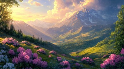 Mountain Peak with Blooming Flowers