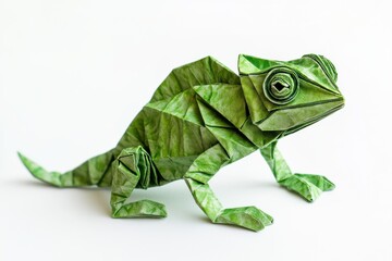 Camouflaged Origami Chameleon on White Backdrop