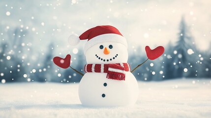 Fototapeta premium Happy snowman wearing Christmas cap, scarf in snow field. Head up, arms open wide. Snowing in air. 