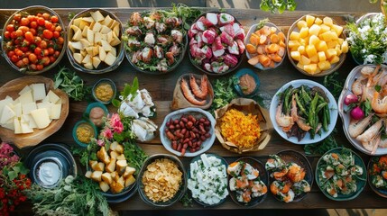 Fototapeta premium A vibrant cicchetti spread with artfully arranged small plates of seasonal vegetables, seafood, and cheeses, set on a long table