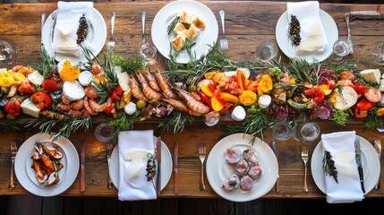 A vibrant cicchetti spread with artfully arranged small plates of seasonal vegetables, seafood, and cheeses, set on a long table