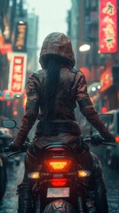 A punk character leaning on a motorcycle, their lamprey tail wrapped around the bike, with Asian graffiti and neon signs illuminating the scene