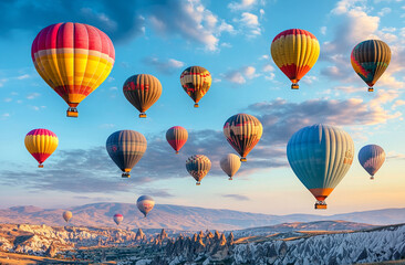Fototapeta premium Colorful hot air balloons float over Cappadocia's unique rock formations, creating an enchanting and vibrant scene in the sky