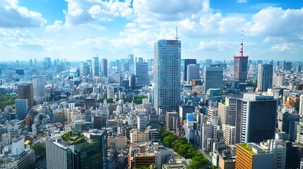 Vibrant sunset illuminating Tokyo’s cityscape with active train lines