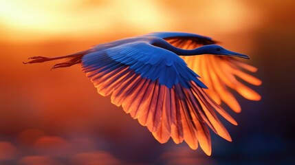 Obraz premium Close-up of a bird in flight, with detailed feathers and motion blur against a sunset backdrop