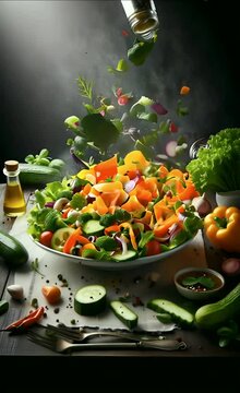 Vegetable salad falling on the bowl