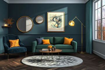 Design an interior of a living room with a green sofa and armchair, a wooden floor in a Scandinavian style with a grey wall.