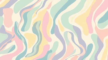 whimsical and colorful abstract pattern featuring fluid, organic shapes that resemble flowing water or clouds. The colors are soft and pastel, including shades of pink, yellow, green, and purple
