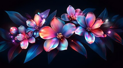 Elegant floral arrangement with iridescent flowers, against a dark background, in the style of vector art