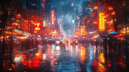 Fototapeta premium A vibrant and busy urban street at night, neon signs 