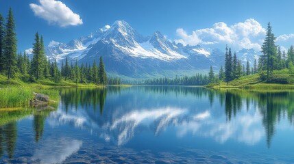 mountain lake with towering snow-capped peaks - Powered by Adobe