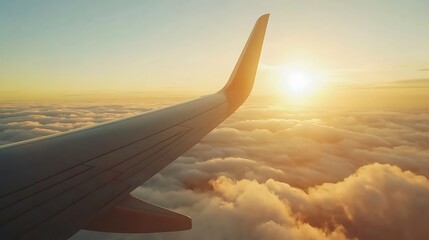 Airplane wing flying above breathtaking sunset clouds in the sky image