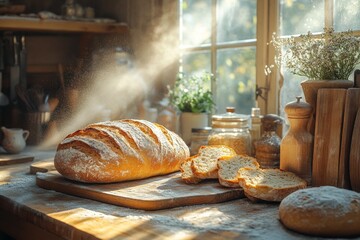 kitchen with freshly baked bread sunlight streaming through the window