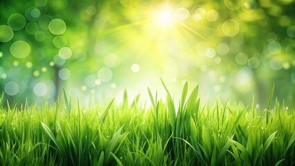 Obraz premium Fresh Green Grass Blades Bathed in Sunlight with a Blurred Background of Lush Foliage and Bokeh Effects