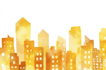 A vibrant watercolor city skyline in warm shades of yellow and orange, capturing an abstract urban landscape.