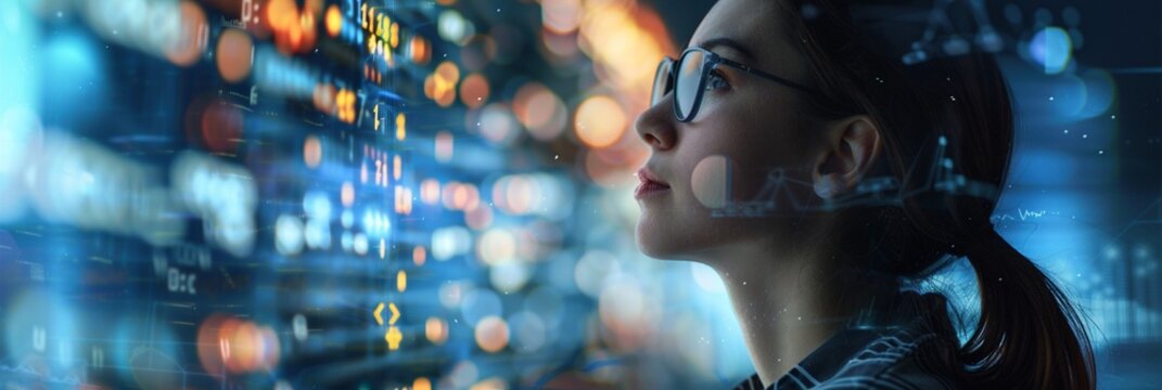 Futuristic technology concept: woman in glasses observes glowing data streams and digital information, surrounded by vibrant bokeh lights in blue tones.