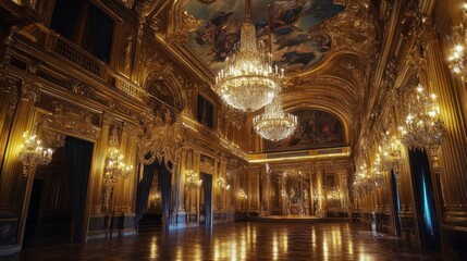 Fototapeta premium Baroque palace interior, lavish golden details, frescoed ceilings with mythological scenes, crystal chandeliers reflecting soft light, rich velvet drapes