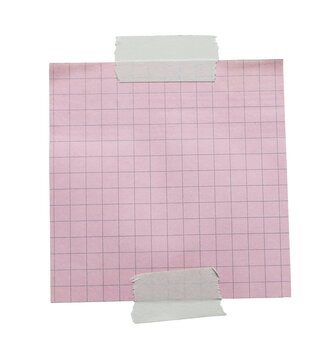 Empty note paper mockup. Message reminder card template isolated on transparent background. Checkered pink paper texture. Grunge ripped adhesive washi tape. Business office stationery object