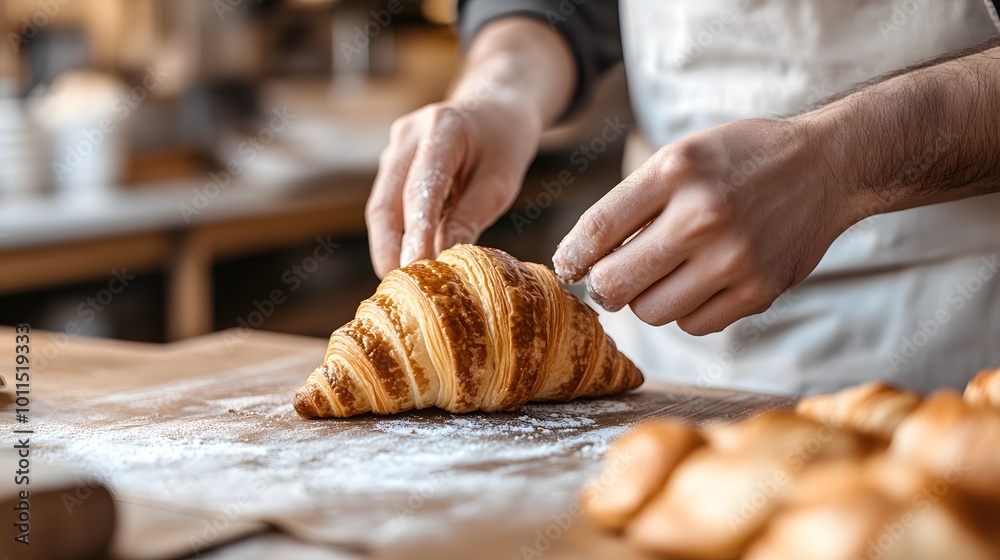 Wall mural freshly baked croissants with baker s hands and flour dust