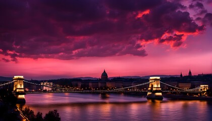 Silhouette of the Budapest skyline with the chain bridge against a glowing purple and red sunset, AI Generated