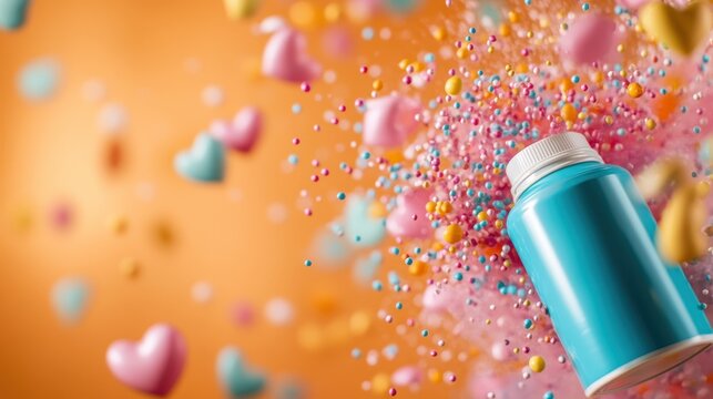 A vivid blue bottle surrounded by vibrant pink, yellow, and orange hearts and sprinkles, creating a joyful and energetic atmosphere on an orange background. - Powered by Adobe