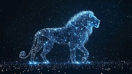 Obraz premium A digital representation of a lion composed of interconnected nodes and lines, set against a backdrop of a starry night sky, embodying strength and connectivity.