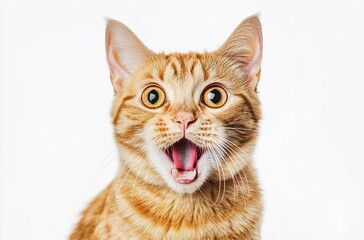 A ginger cat with an open mouth and surprised expression, solid white background