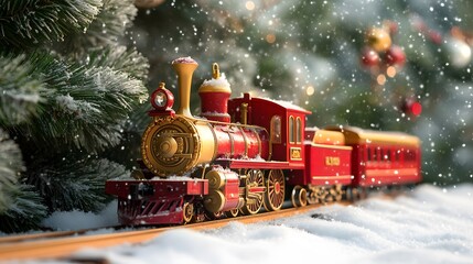 Red Toy Train on Snowy Tracks with Christmas Tree Background