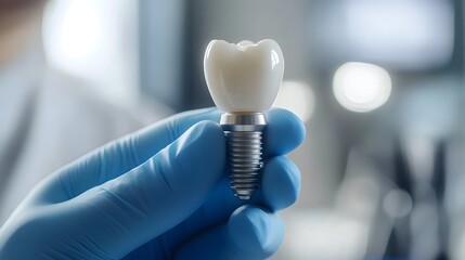 Dental Implant Crown in Gloved Hand   Dentistry  Oral Health  Tooth Replacement