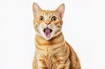 Obraz premium A ginger cat with an open mouth and surprised expression, solid white background