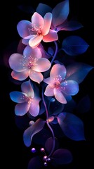 Elegant floral arrangement with iridescent flowers, against a dark background, in the style of vector art