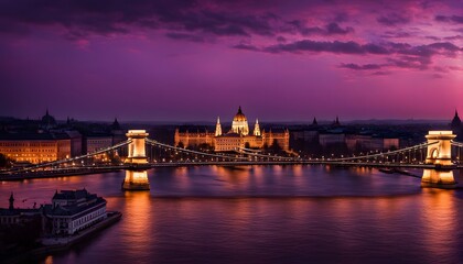 Fototapeta premium Silhouette of the Budapest skyline with the chain bridge against a glowing purple and red sunset, AI Generated