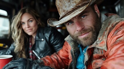 Fototapeta premium Two cowboys in rugged attire, one staring intently at the camera, depict themes of strength, ruggedness, and timeless Western charm in an intimate setting.