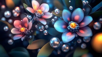 Elegant floral arrangement with iridescent flowers, against a dark background, in the style of vector art