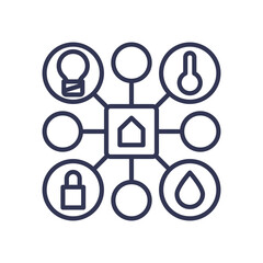 Smart home network with interconnected devices like light, thermostat, lock, and water.