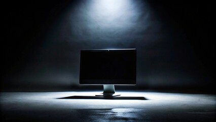 A computer monitor with a blank screen in a dark room illuminated by a spotlight.