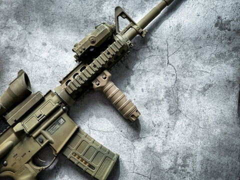 Bangkok Thailand - 25 Aug 2024: Airsoft assault rifles on the ground on the floor