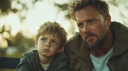 Fototapeta premium Captured in warm sunlight, a young boy and his father share a meaningful moment on a park bench, their expressions reflecting deep thought and connection in nature.