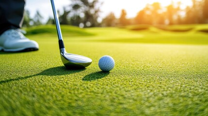 Close-up of a golf club resting on the green next to a neatly placed golf ball, with a well-maintained course in the background