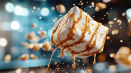 A drizzle of caramel runs over a floating marshmallow surrounded by peanuts, creating a dynamic and sweet treat with dreamy stars and bokeh effects in the background.