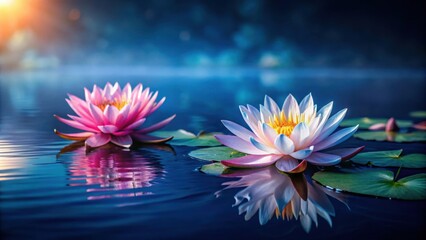A serene pond scene with two water lilies blooming, one pink and one white, their reflections mirroring the beauty of nature