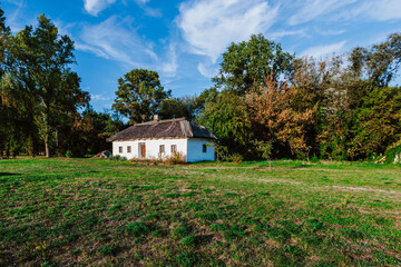 Fototapeta premium Traditional rural house with a thatched roof is nestled in a peaceful countryside