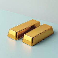 Two shiny gold bars on a soft blue background. 3d illustration