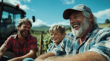 Three generations of men, grandfather, father, and son, laugh heartily while enjoying a sunny day on a picturesque farm, emphasizing legacy and shared happiness.